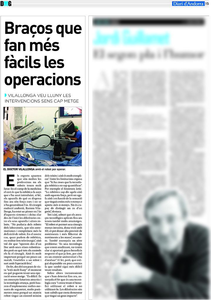 Article Diari d'Andorra Dr.Vilallonga amb el robot per operar
